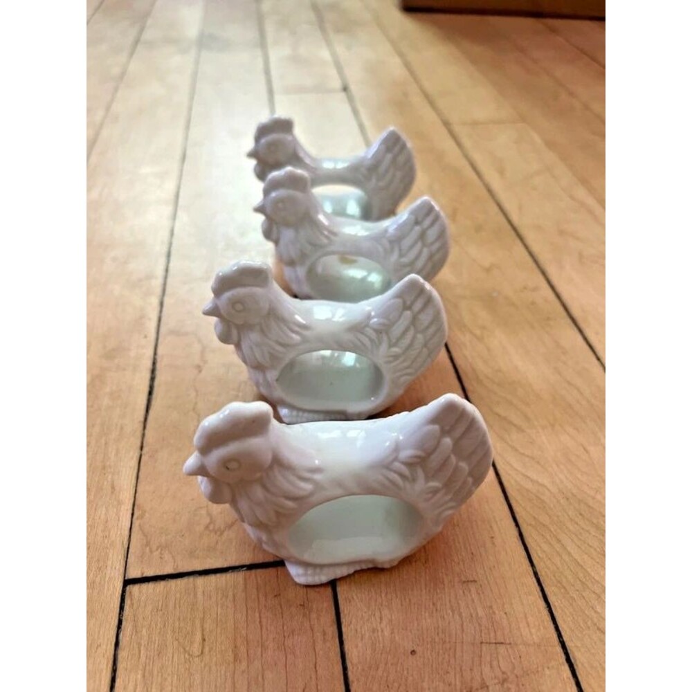 4 Rooster Chicken Napkin Ring Holders White Farmhouse Table Decor Dining